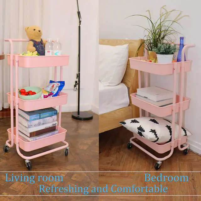 Alt view image 5 of 7 - 3 Tier Utility Rolling Cart Multifunction Organizer Shelf Storage Cart with 3 Pieces Cups and 8 Pieces Hooks for Home Kitchen Bathroom Laundry Room Office Store etc. (Pink)