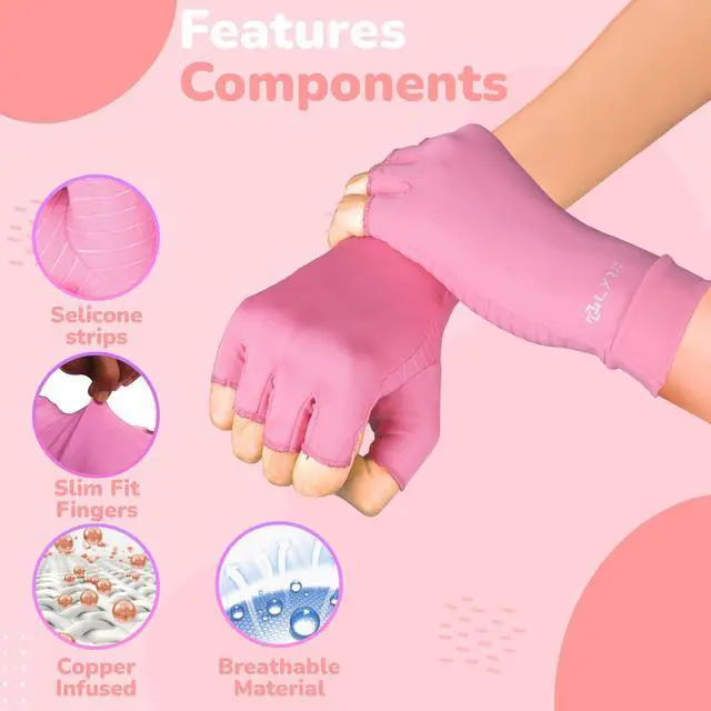 Alt view image 2 of 7 - Arthritis Gloves - Copper Infused Compression Fingerless Glove for Women Men - Arthritis Carpal Tunnel Pain Relief Glove (Pink, Small)