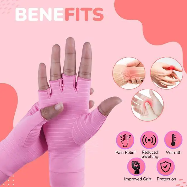 Alt view image 3 of 7 - Arthritis Gloves - Copper Infused Compression Fingerless Glove for Women Men - Arthritis Carpal Tunnel Pain Relief Glove (Pink, Small)