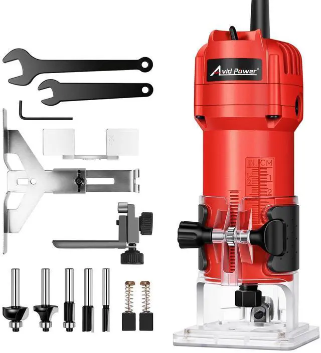 Main image of 630W 5.3 Amp Wood Router Tool with Fixed Base Compact Router for Woodworking, 35,000 RPM, 1/4 collet & 5 Trim Bits, Straight & Roller Guide, 2 Wrenches and Carbon Brushes