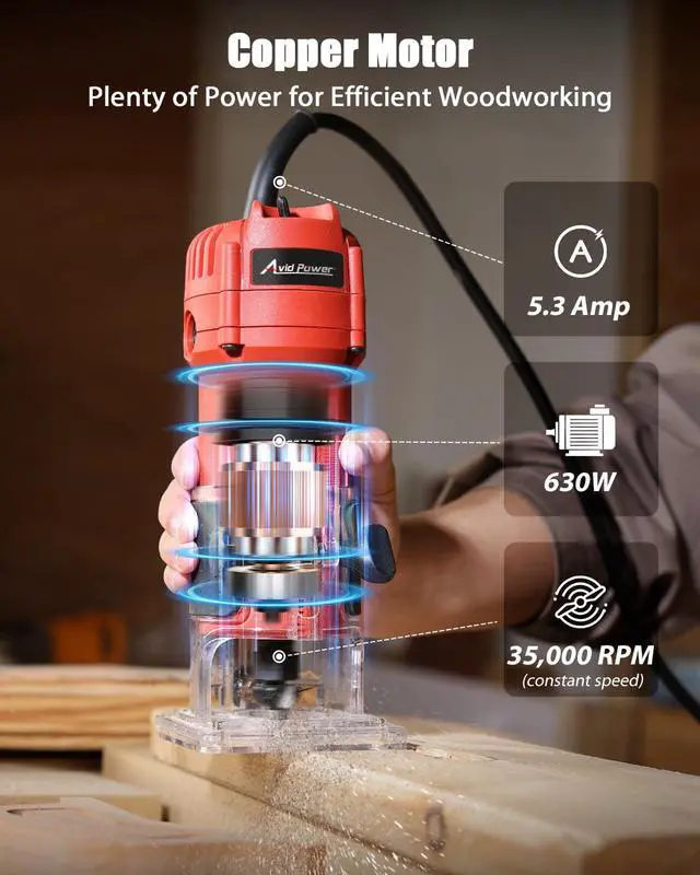 Alt view image 2 of 7 - 630W 5.3 Amp Wood Router Tool with Fixed Base Compact Router for Woodworking, 35,000 RPM, 1/4 collet & 5 Trim Bits, Straight & Roller Guide, 2 Wrenches and Carbon Brushes