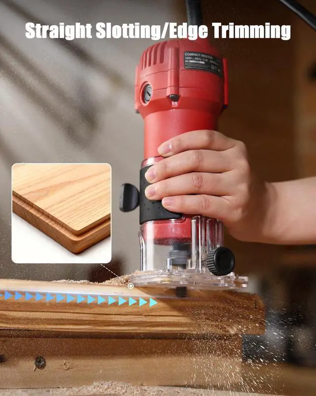 Alt view image 3 of 7 - 630W 5.3 Amp Wood Router Tool with Fixed Base Compact Router for Woodworking, 35,000 RPM, 1/4 collet & 5 Trim Bits, Straight & Roller Guide, 2 Wrenches and Carbon Brushes