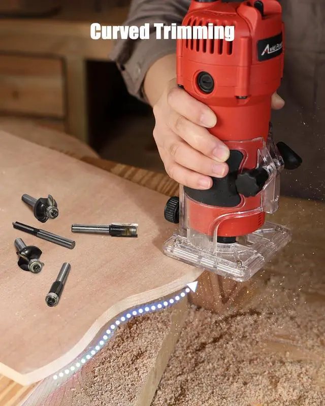 Alt view image 5 of 7 - 630W 5.3 Amp Wood Router Tool with Fixed Base Compact Router for Woodworking, 35,000 RPM, 1/4 collet & 5 Trim Bits, Straight & Roller Guide, 2 Wrenches and Carbon Brushes