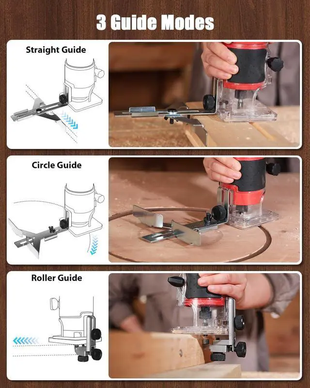 Alt view image 6 of 7 - 630W 5.3 Amp Wood Router Tool with Fixed Base Compact Router for Woodworking, 35,000 RPM, 1/4 collet & 5 Trim Bits, Straight & Roller Guide, 2 Wrenches and Carbon Brushes