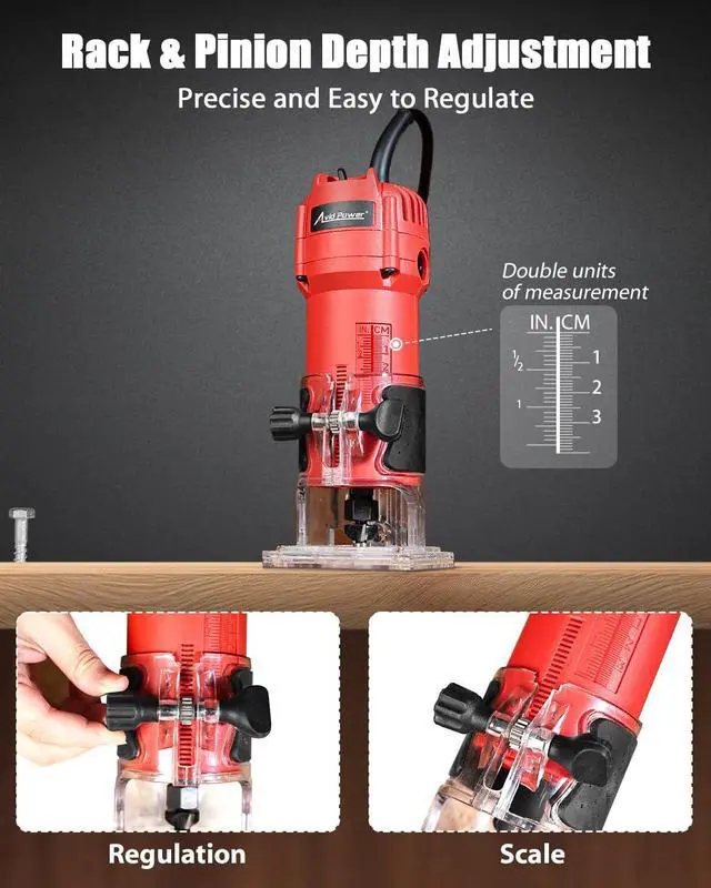 Alt view image 7 of 7 - 630W 5.3 Amp Wood Router Tool with Fixed Base Compact Router for Woodworking, 35,000 RPM, 1/4 collet & 5 Trim Bits, Straight & Roller Guide, 2 Wrenches and Carbon Brushes
