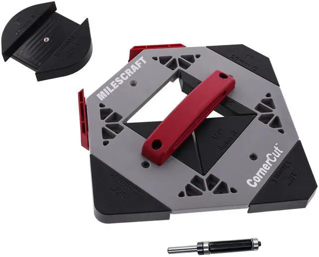 Main image of 1232 Corner Cut - Woodworking Corner Radius and Chamfer Router Jig Use with Handheld Router or Router Table 8 Profiles with Built-In Storage. Double Bearing ½ Router Bit Included.