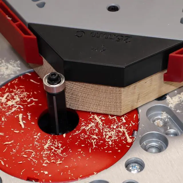 Alt view image 6 of 7 - 1232 Corner Cut - Woodworking Corner Radius and Chamfer Router Jig Use with Handheld Router or Router Table 8 Profiles with Built-In Storage. Double Bearing ½ Router Bit Included.