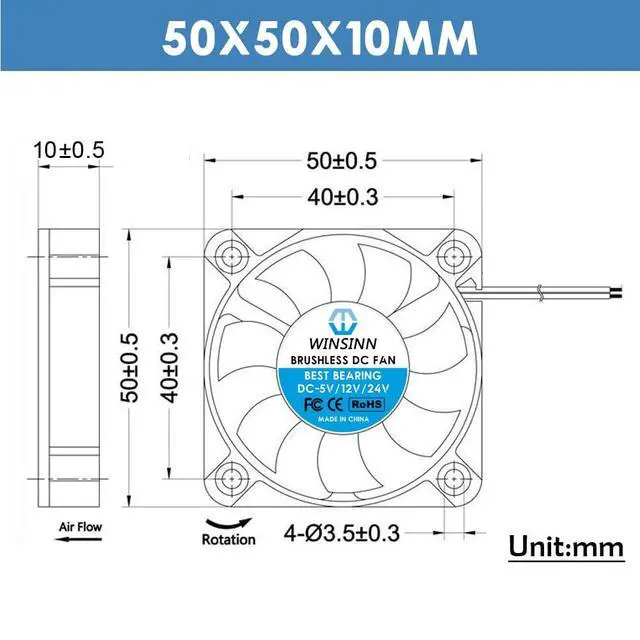 Alt view image 2 of 4 - 50mm 24V Fan - Hydraulic Bearing 6000 RPM 5010 Cooling Fan Replacement for Industrial Equipment/Servers/Routers, 30cm Cable with XH2.54-2PIN, Brushless 50x10mm (5Pcs)
