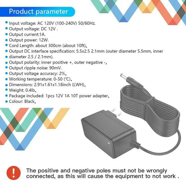Alt view image 2 of 7 - 10FT 12V 1A Power Supply Adapter AC100-240V to DC12V 1000mA Power Adapter 10FT for LED Strip Light, Camera, Router, etc.