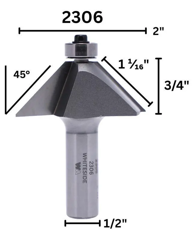 Alt view image 2 of 6 - 2306 45 Degree Chamfer Router Bit: 45 Degree Angle, 1-1/16 Inch Cutting Length, 3/4 Inch Cutting Height, 1/2 Inch Shank,2 Inch Large Diameter