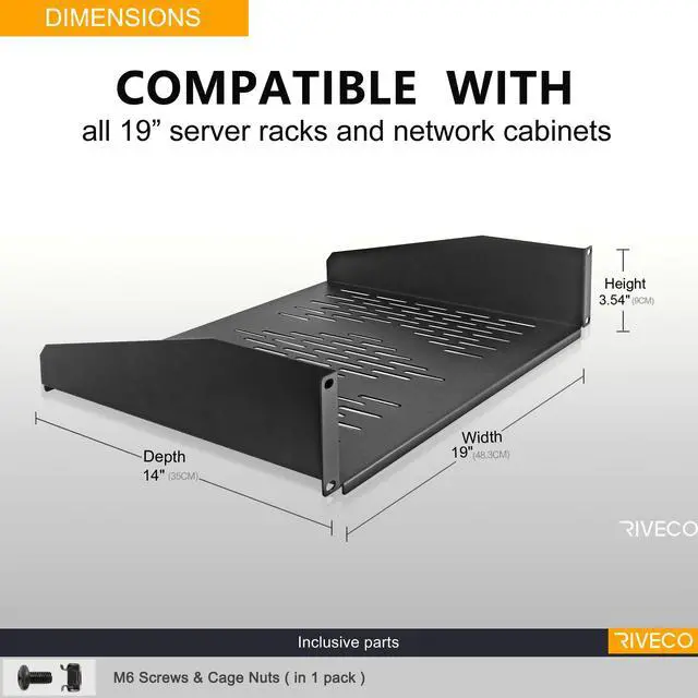 Alt view image 4 of 6 - 19 2U Rack Shelf Server Cabinet Mount Vented Cantilever Tray for Network Equipment, 14 Inches 35 CM Depth, Black