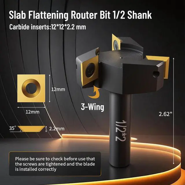 Alt view image 2 of 7 - Slab Flattening Router Bit 1/2" Shank, 2" Cutting Diameter, 3 Wings Coated Carbide Inserts for CNC Spoilboard Surfacing Planing Woodworking and MDF Surfacing for Slab Leveler, Rabbeting