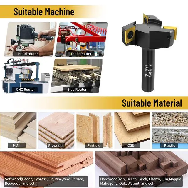 Alt view image 6 of 7 - Slab Flattening Router Bit 1/2" Shank, 2" Cutting Diameter, 3 Wings Coated Carbide Inserts for CNC Spoilboard Surfacing Planing Woodworking and MDF Surfacing for Slab Leveler, Rabbeting