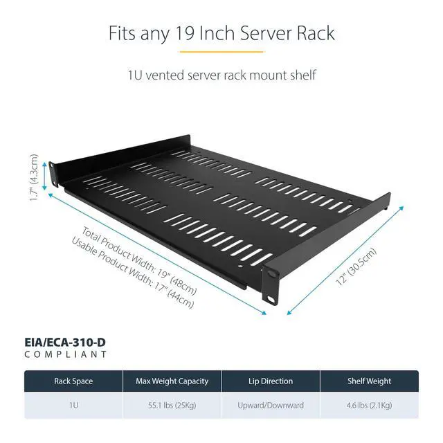 Alt view image 3 of 6 - 1U Vented Cantilever Shelf, 12in, 55lb, 25kg (SHELF-1U-12-FIXED-V)