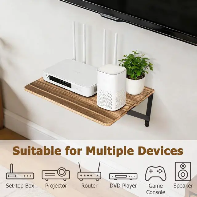 Alt view image 3 of 7 - Wall Mount Shelf for Projector, Floating Shelf for Router/Modem, 16.5" x 11" Audio Video Equipment Storage, Wood & Metal