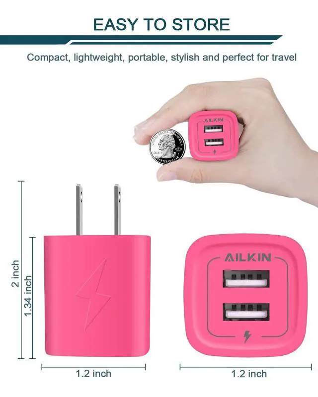 Alt view image 3 of 7 - Wall Charger, AILKIN USB Plug Fast Charging Block Power Adapter Cube 2 Port