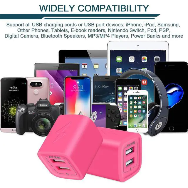 Alt view image 7 of 7 - Wall Charger, AILKIN USB Plug Fast Charging Block Power Adapter Cube 2 Port