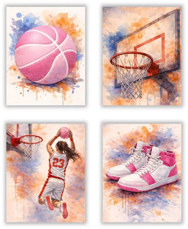 Main image of Watercolor Basketball Posters for Girls Room Set of 4, ( 8x10 inches ) Unframed Basketball Wall Art, Posters for Girls Bedroom Kids Room Playroom Nursery