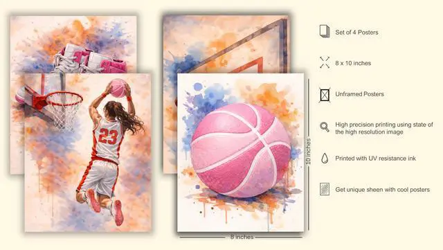 Alt view image 2 of 7 - Watercolor Basketball Posters for Girls Room Set of 4, ( 8x10 inches ) Unframed Basketball Wall Art, Posters for Girls Bedroom Kids Room Playroom Nursery