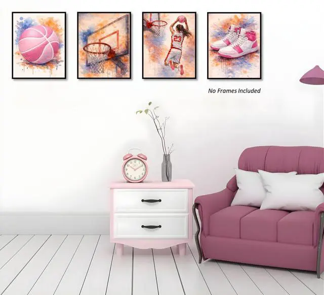 Alt view image 3 of 7 - Watercolor Basketball Posters for Girls Room Set of 4, ( 8x10 inches ) Unframed Basketball Wall Art, Posters for Girls Bedroom Kids Room Playroom Nursery