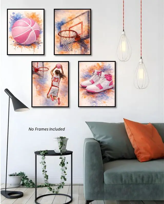 Alt view image 4 of 7 - Watercolor Basketball Posters for Girls Room Set of 4, ( 8x10 inches ) Unframed Basketball Wall Art, Posters for Girls Bedroom Kids Room Playroom Nursery