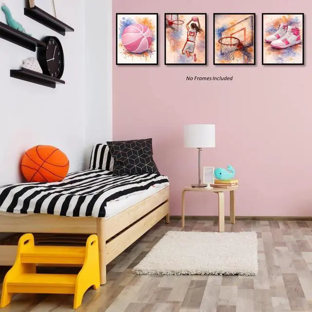 Alt view image 5 of 7 - Watercolor Basketball Posters for Girls Room Set of 4, ( 8x10 inches ) Unframed Basketball Wall Art, Posters for Girls Bedroom Kids Room Playroom Nursery