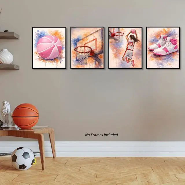 Alt view image 6 of 7 - Watercolor Basketball Posters for Girls Room Set of 4, ( 8x10 inches ) Unframed Basketball Wall Art, Posters for Girls Bedroom Kids Room Playroom Nursery