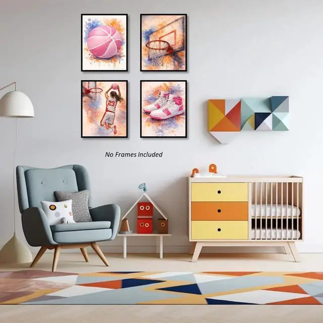 Alt view image 7 of 7 - Watercolor Basketball Posters for Girls Room Set of 4, ( 8x10 inches ) Unframed Basketball Wall Art, Posters for Girls Bedroom Kids Room Playroom Nursery