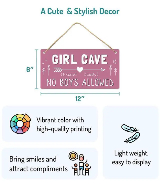 Alt view image 2 of 5 - Girl Cave Sign for Girls Room, No Boys Allowed Door Sign, Cute Room Decor Sign for Bedroom Door, Funny Girls Only Sign for Kids Room, Teen Girl Wall Decor 12x6 Inch