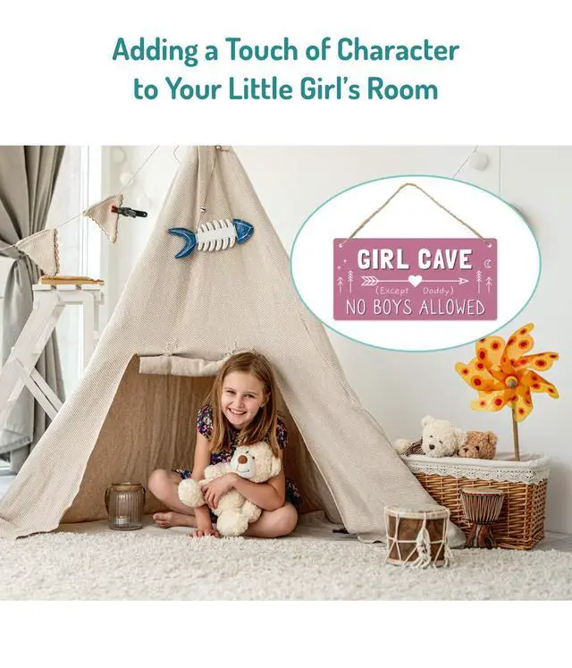 Alt view image 4 of 5 - Girl Cave Sign for Girls Room, No Boys Allowed Door Sign, Cute Room Decor Sign for Bedroom Door, Funny Girls Only Sign for Kids Room, Teen Girl Wall Decor 12x6 Inch