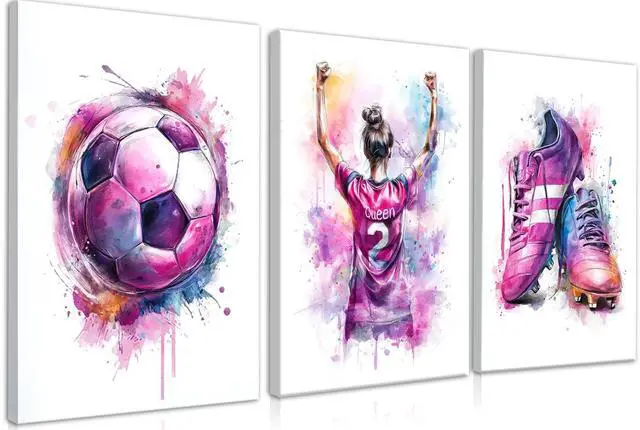 Main image of 3Pcs Girl Graffiti Soccer Canvas Wall Art, for Girls Bedroom,Teen Kids Playroom Decoration,Framed,12 x 16 inch
