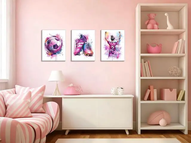 Alt view image 2 of 7 - 3Pcs Girl Graffiti Soccer Canvas Wall Art, for Girls Bedroom,Teen Kids Playroom Decoration,Framed,12 x 16 inch