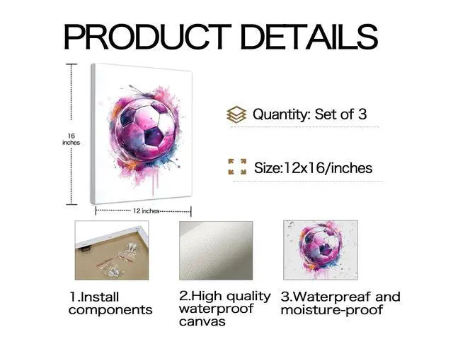Alt view image 3 of 7 - 3Pcs Girl Graffiti Soccer Canvas Wall Art, for Girls Bedroom,Teen Kids Playroom Decoration,Framed,12 x 16 inch
