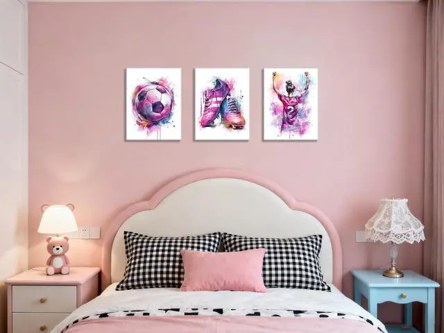 Alt view image 4 of 7 - 3Pcs Girl Graffiti Soccer Canvas Wall Art, for Girls Bedroom,Teen Kids Playroom Decoration,Framed,12 x 16 inch