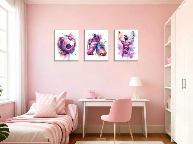 Alt view image 6 of 7 - 3Pcs Girl Graffiti Soccer Canvas Wall Art, for Girls Bedroom,Teen Kids Playroom Decoration,Framed,12 x 16 inch