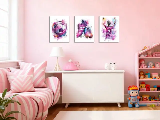 Alt view image 7 of 7 - 3Pcs Girl Graffiti Soccer Canvas Wall Art, for Girls Bedroom,Teen Kids Playroom Decoration,Framed,12 x 16 inch