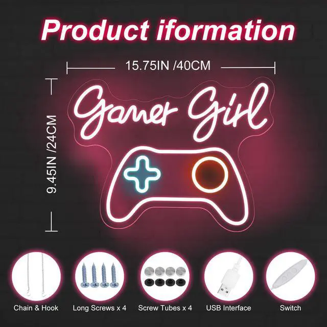Alt view image 3 of 7 - Pink Gamer Girl Neon Sign, Gamepad LED Light for Gaming Room Bedroom Decor