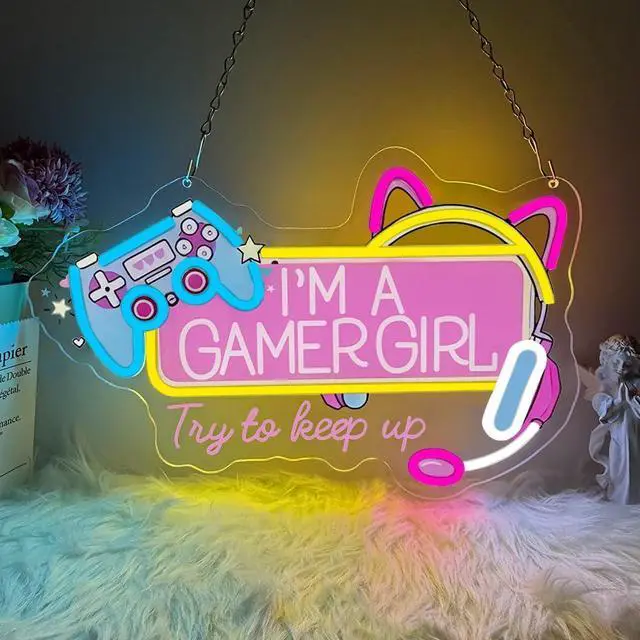 Main image of Gamer Neon Sign, Gaming Led Neon Light Signs for Game Room Wall Decor Cat Ear Gamepad Gamer Girl Led Light up Sign for Bedroom Girlfriend Birthday Christmas Gift Dimmable USB Powered(16.2"*10.5")