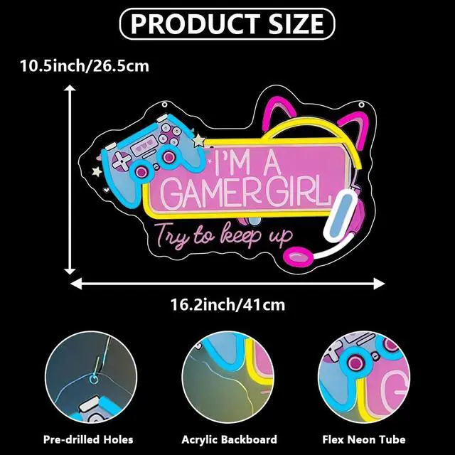 Alt view image 3 of 6 - Gamer Neon Sign, Gaming Led Neon Light Signs for Game Room Wall Decor Cat Ear Gamepad Gamer Girl Led Light up Sign for Bedroom Girlfriend Birthday Christmas Gift Dimmable USB Powered(16.2"*10.5")