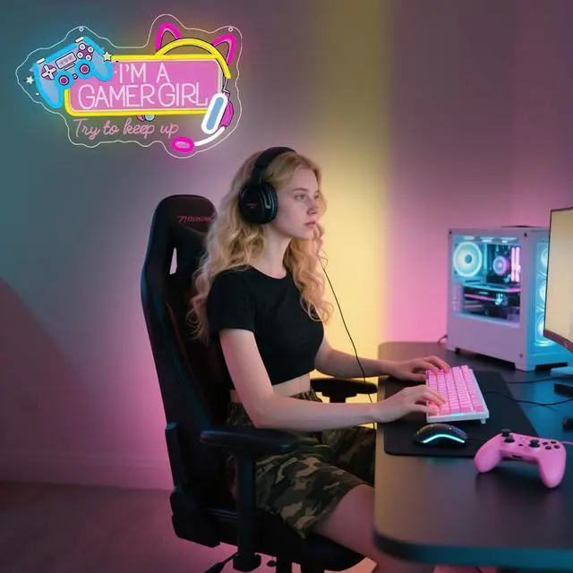 Alt view image 5 of 6 - Gamer Neon Sign, Gaming Led Neon Light Signs for Game Room Wall Decor Cat Ear Gamepad Gamer Girl Led Light up Sign for Bedroom Girlfriend Birthday Christmas Gift Dimmable USB Powered(16.2"*10.5")