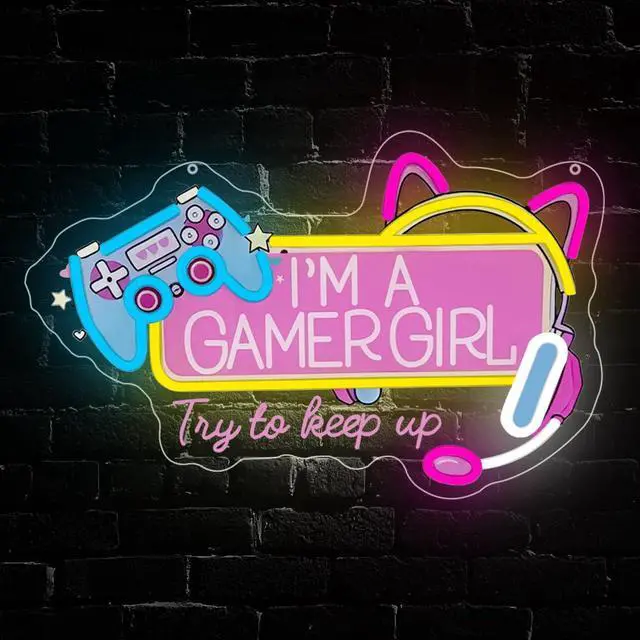 Alt view image 6 of 6 - Gamer Neon Sign, Gaming Led Neon Light Signs for Game Room Wall Decor Cat Ear Gamepad Gamer Girl Led Light up Sign for Bedroom Girlfriend Birthday Christmas Gift Dimmable USB Powered(16.2"*10.5")