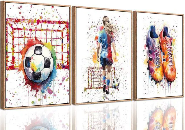 Main image of 3Pcs Girl Graffiti Soccer Canvas Wall Art Colorful Sneakers Posters Prints Wall Decor Pictures Sports Theme Football Painting for Bedroom Girls Room Teen Kids Playroom Artwork Home Decoration Unframed