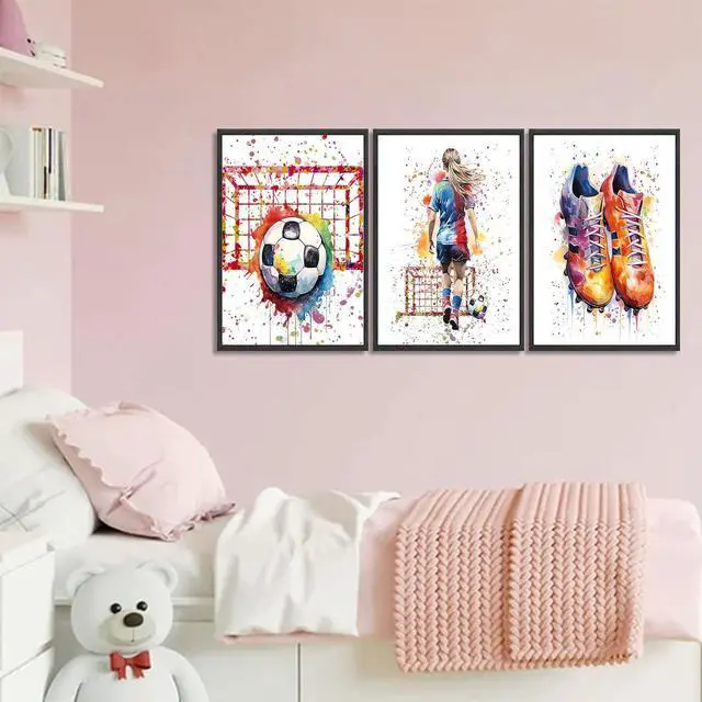 Alt view image 2 of 6 - 3Pcs Girl Graffiti Soccer Canvas Wall Art Colorful Sneakers Posters Prints Wall Decor Pictures Sports Theme Football Painting for Bedroom Girls Room Teen Kids Playroom Artwork Home Decoration Unframed