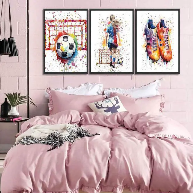 Alt view image 4 of 6 - 3Pcs Girl Graffiti Soccer Canvas Wall Art Colorful Sneakers Posters Prints Wall Decor Pictures Sports Theme Football Painting for Bedroom Girls Room Teen Kids Playroom Artwork Home Decoration Unframed