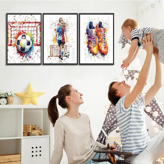 Alt view image 5 of 6 - 3Pcs Girl Graffiti Soccer Canvas Wall Art Colorful Sneakers Posters Prints Wall Decor Pictures Sports Theme Football Painting for Bedroom Girls Room Teen Kids Playroom Artwork Home Decoration Unframed