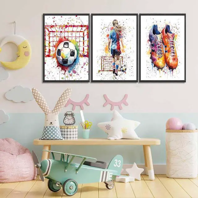 Alt view image 6 of 6 - 3Pcs Girl Graffiti Soccer Canvas Wall Art Colorful Sneakers Posters Prints Wall Decor Pictures Sports Theme Football Painting for Bedroom Girls Room Teen Kids Playroom Artwork Home Decoration Unframed