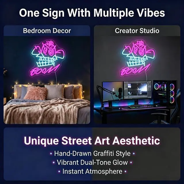 Alt view image 2 of 7 - "BOOM!" Neon Sign with Cyberpunk Girl Art 13.8"x12.2" Pink & Blue LED Wall Decor Graffiti Style Light for Gaming Room, Bedroom & Street Art Space