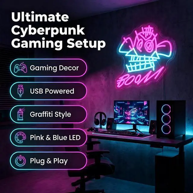 Alt view image 3 of 7 - "BOOM!" Neon Sign with Cyberpunk Girl Art 13.8"x12.2" Pink & Blue LED Wall Decor Graffiti Style Light for Gaming Room, Bedroom & Street Art Space