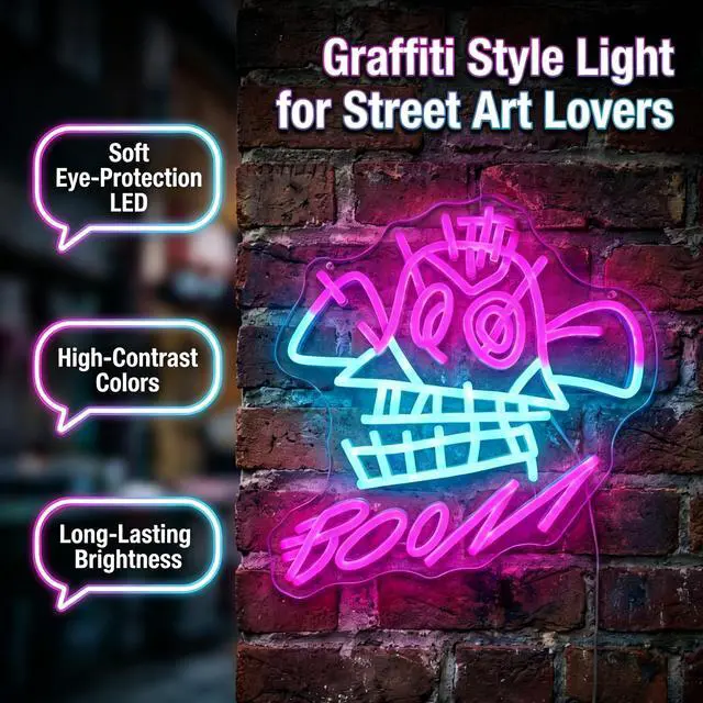 Alt view image 4 of 7 - "BOOM!" Neon Sign with Cyberpunk Girl Art 13.8"x12.2" Pink & Blue LED Wall Decor Graffiti Style Light for Gaming Room, Bedroom & Street Art Space