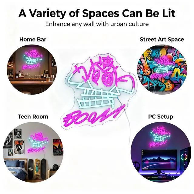 Alt view image 5 of 7 - "BOOM!" Neon Sign with Cyberpunk Girl Art 13.8"x12.2" Pink & Blue LED Wall Decor Graffiti Style Light for Gaming Room, Bedroom & Street Art Space